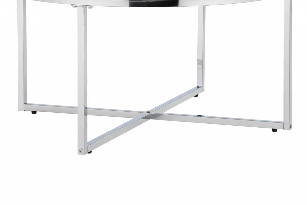 Table Basse LORIE Ronde Plateau Verre Trempé Transparent Structure Métal Chrome D90x45cm