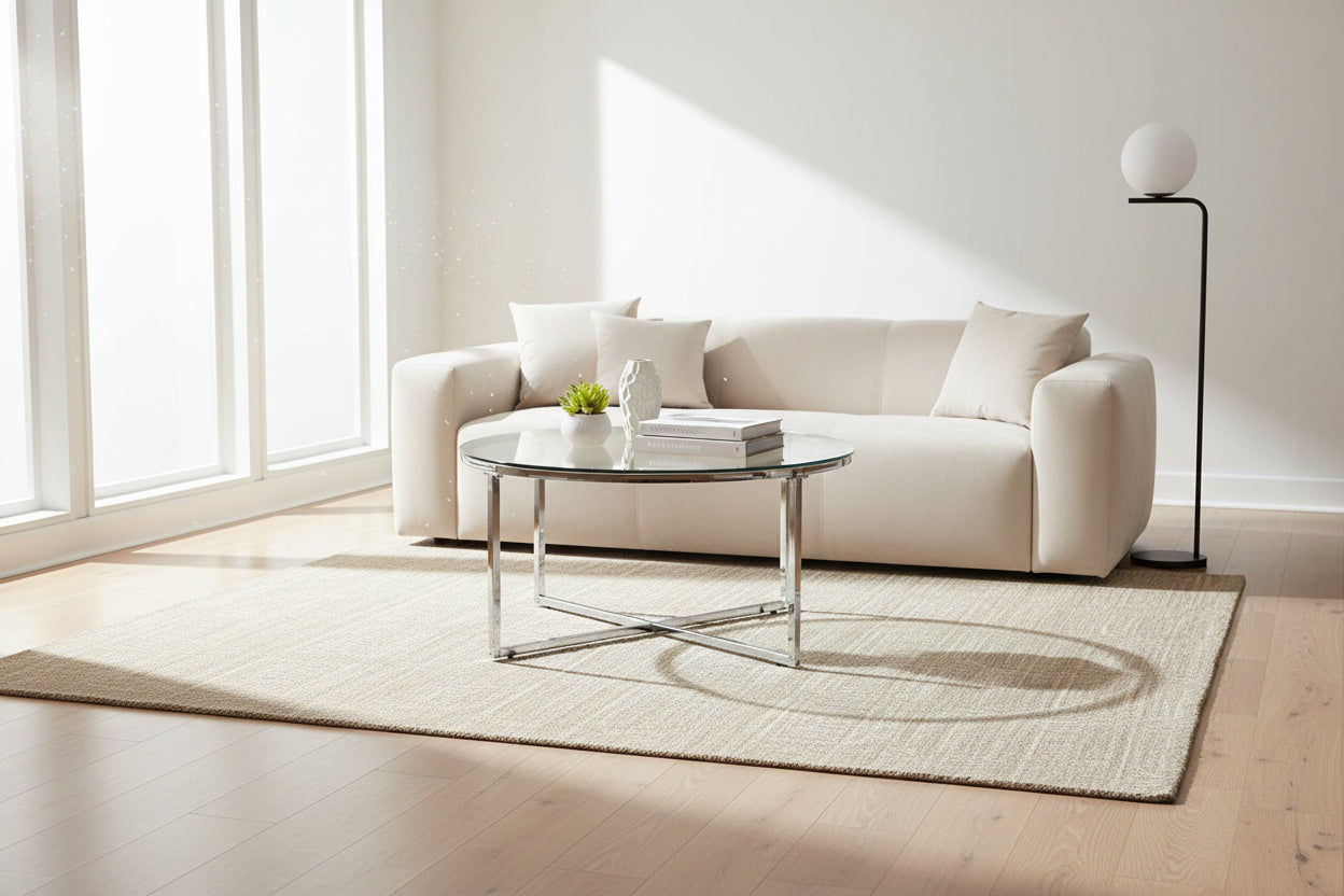 Table Basse LORIE Ronde Plateau Verre Trempé Transparent Structure Métal Chrome D90x45cm
