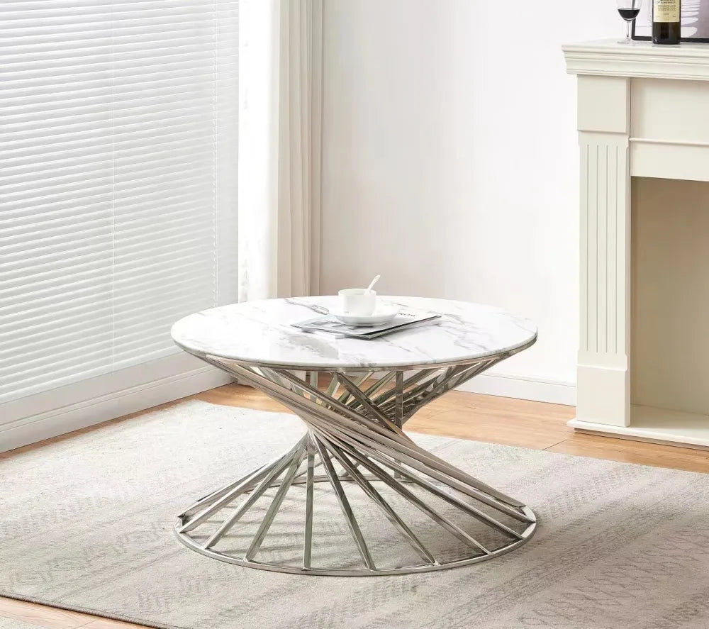 Table Basse NAUTILUS Ronde Plateau Verre Trempé Marbré Blanc Pieds Chrome D80x45cm