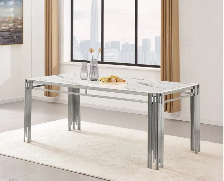 Table à manger XXL FLUTE Chrome Plateau en verre Marbré 180 cm #couleur_marbré-blanc