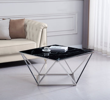 Table Basse ALINA Chrome plateau en verre trempé 80x80x45 cm - Marbré noir