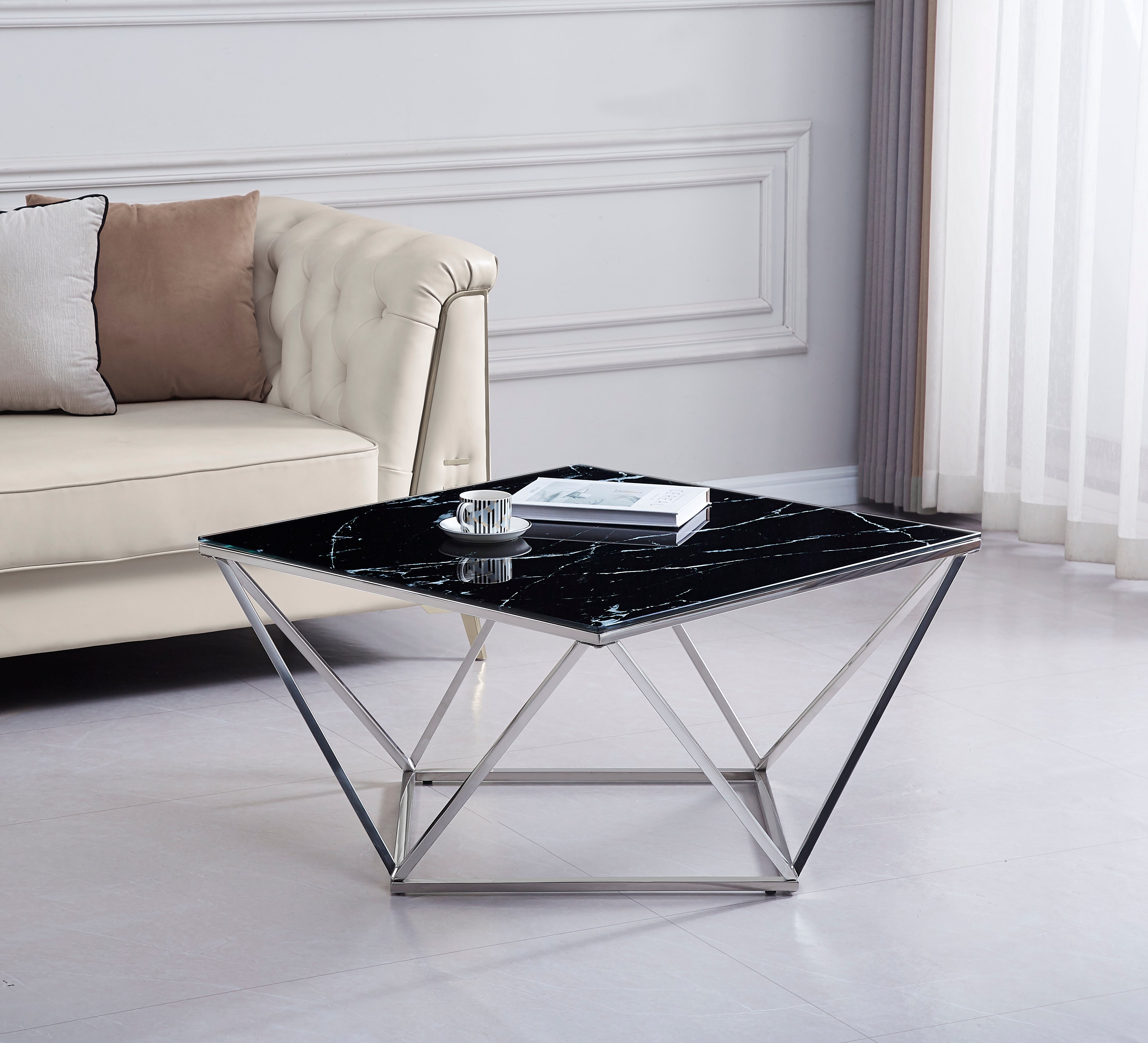 Table Basse ALINA Chrome plateau en verre trempé 80x80x45 cm - Marbré noir