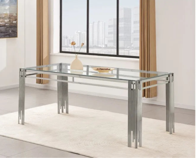 Table à manger XXL FLUTE Chrome Plateau en verre Marbré 180 cm #couleur_transparent