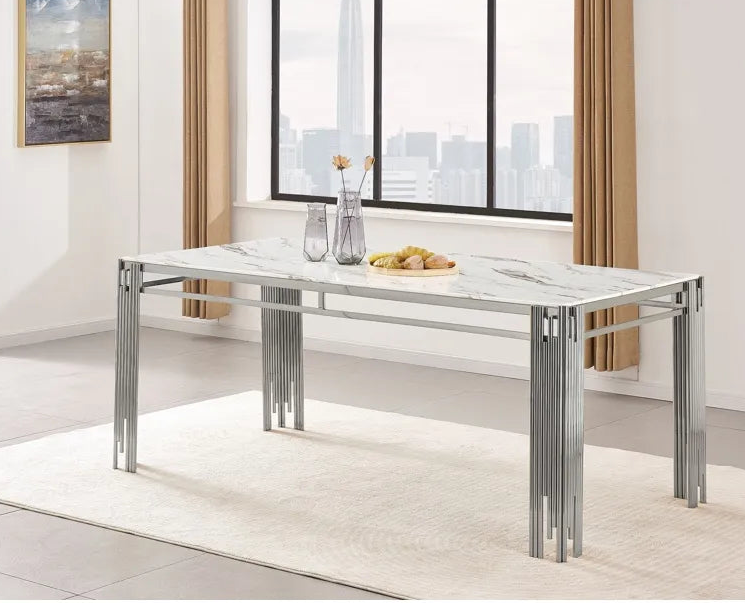 Table à manger FLUTE Chrome Plateau en verre Marbré 150 cm Table à manger FLUTE Chrome Plateau en verre Marbré 150 cm #couleur_marbré-blanc