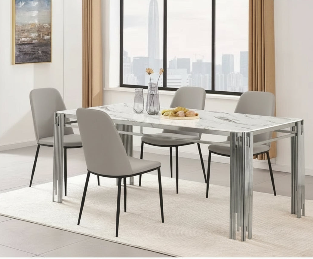 Table à manger FLUTE Chrome Plateau en verre Marbré 150 cm Table à manger FLUTE Chrome Plateau en verre Marbré 150 cm #couleur_marbré-blanc