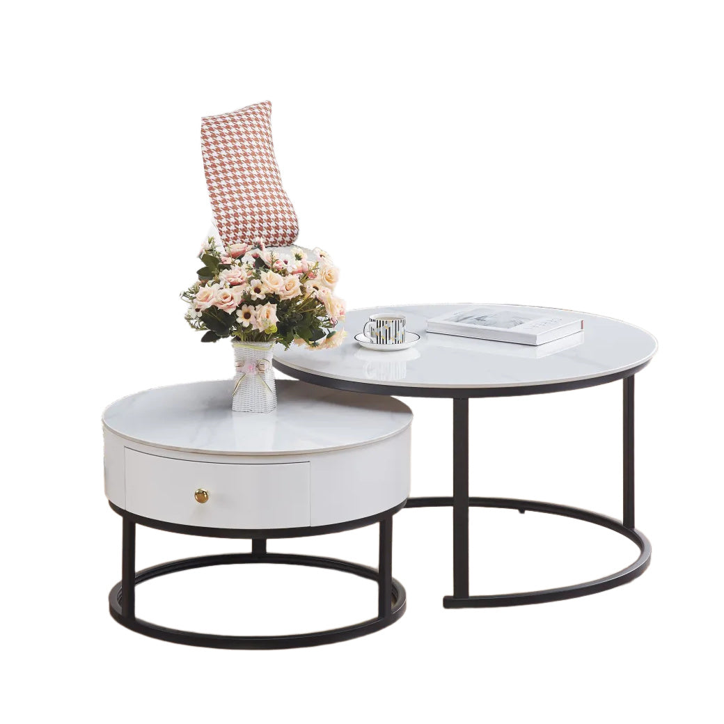 Table basse gigogne avec tiroir NOVELA Plateau céramique Marbre blanc