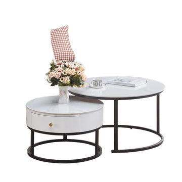 Table basse gigogne avec tiroir NOVELA Plateau céramique Marbre blanc