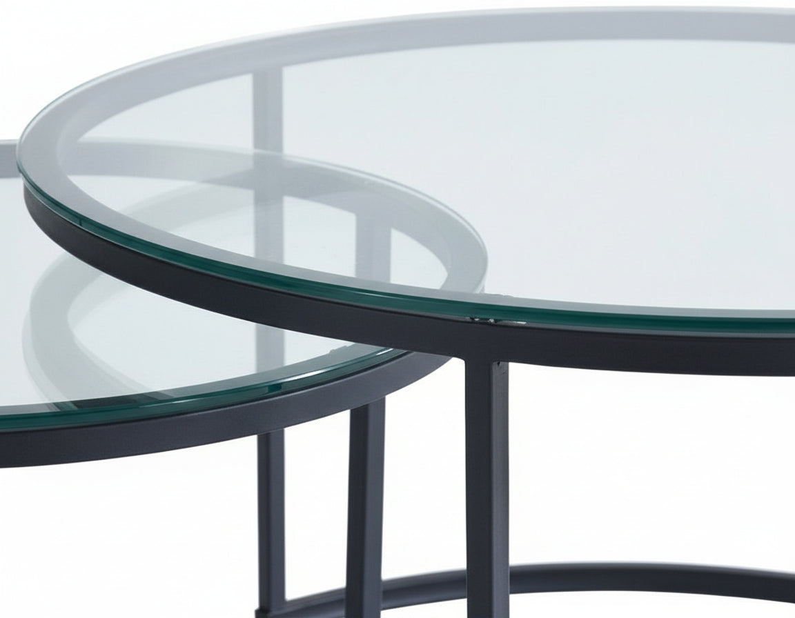 Lot 2 Tables Basses Gigognes ARTO Rondes Plateau Verre Trempé Transparent Métal Noir D80/D60