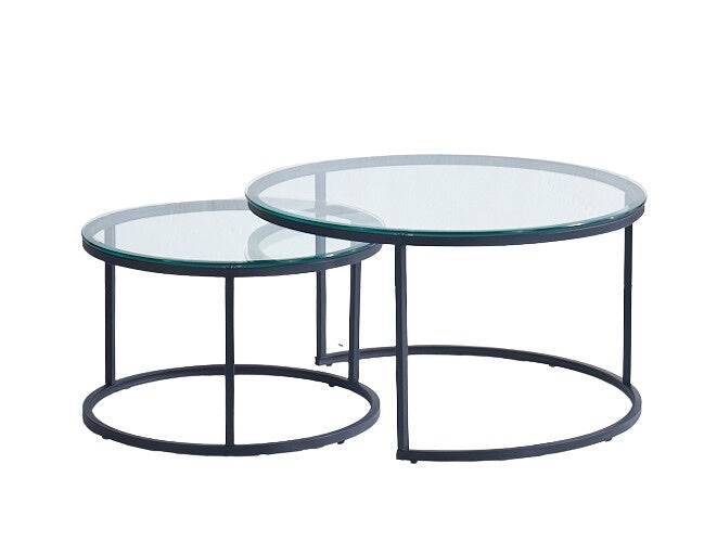 Lot 2 Tables Basses Gigognes ARTO Rondes Plateau Verre Trempé Transparent Métal Noir D80/D60