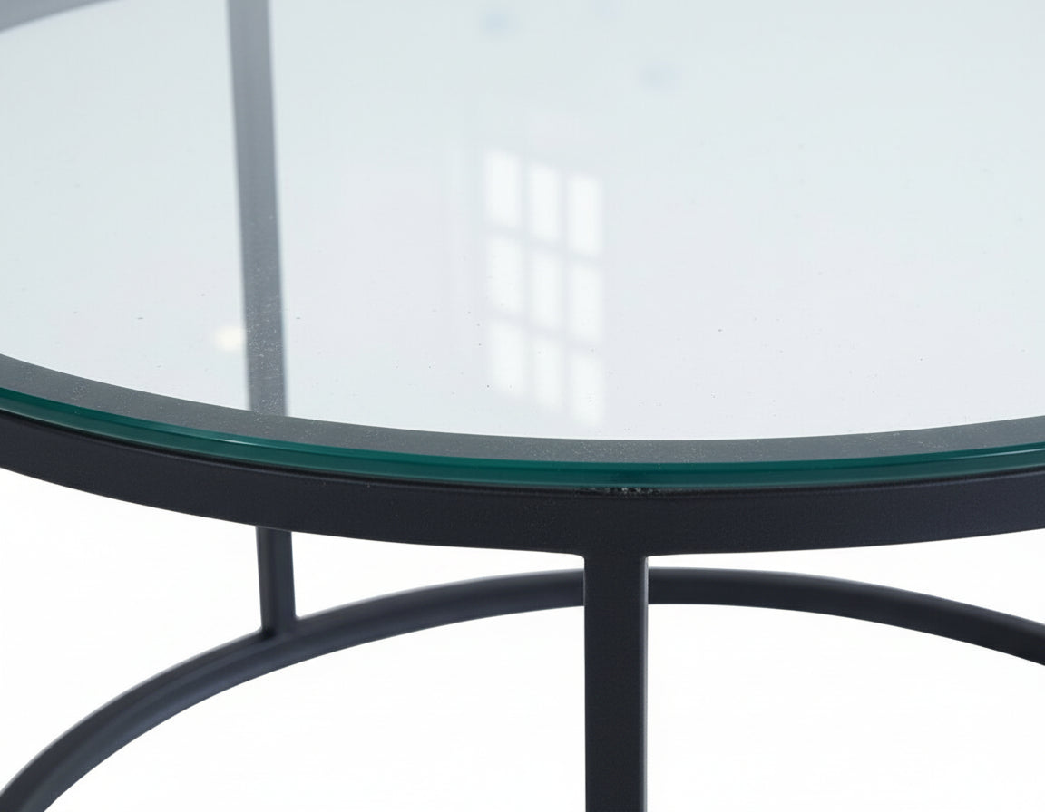 Lot 2 Tables Basses Gigognes ARTO Rondes Plateau Verre Trempé Transparent Métal Noir D80/D60