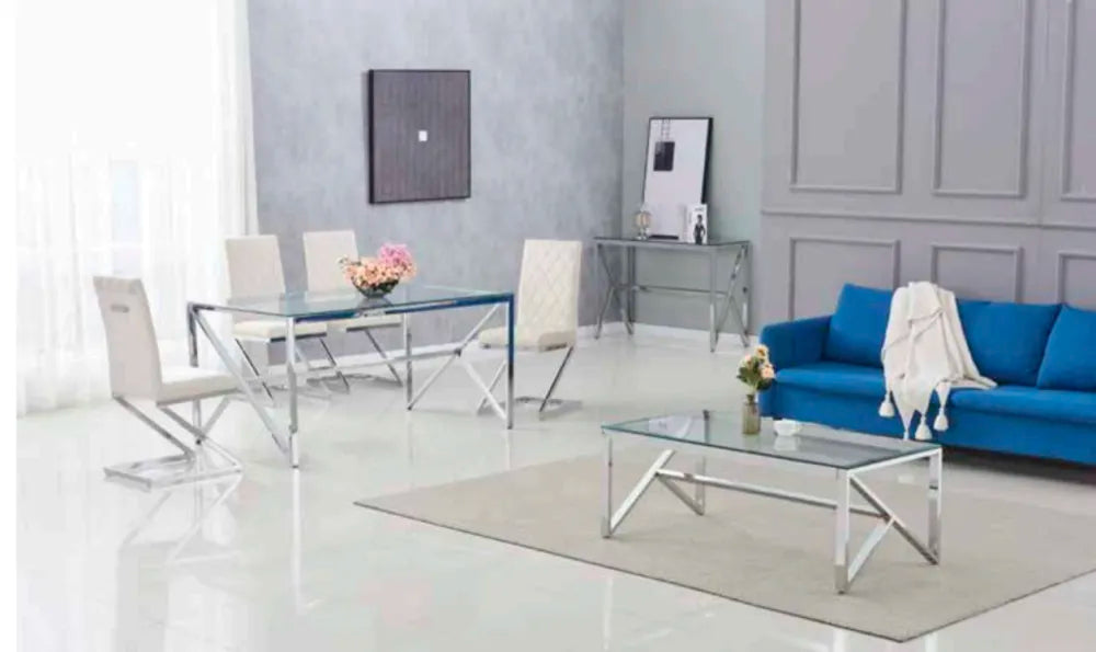 Table Basse MAJESTIQUE Rectangle Plateau Verre Trempé Transparent Pieds Chrome 120x60x45cm