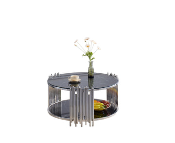 Table Basse ronde STICK Chrome et plateau en verre MARBRE NOIR D90 H45 cm