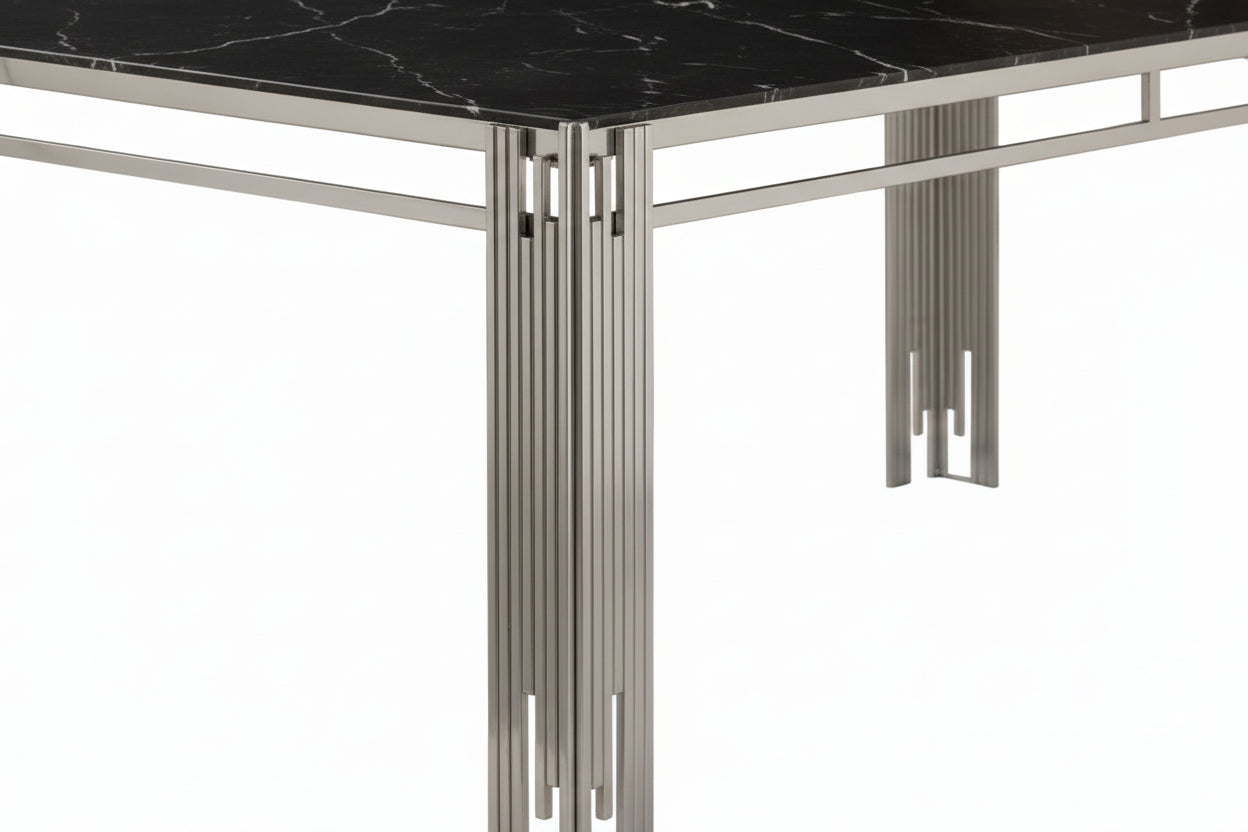 Table à manger verre marbré noir pied métal chrome 180x90 cm FLUTE