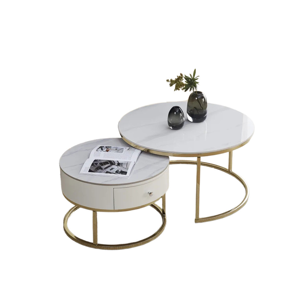 Table basse gigogne avec tiroir NOVELA Plateau céramique Marbre blanc