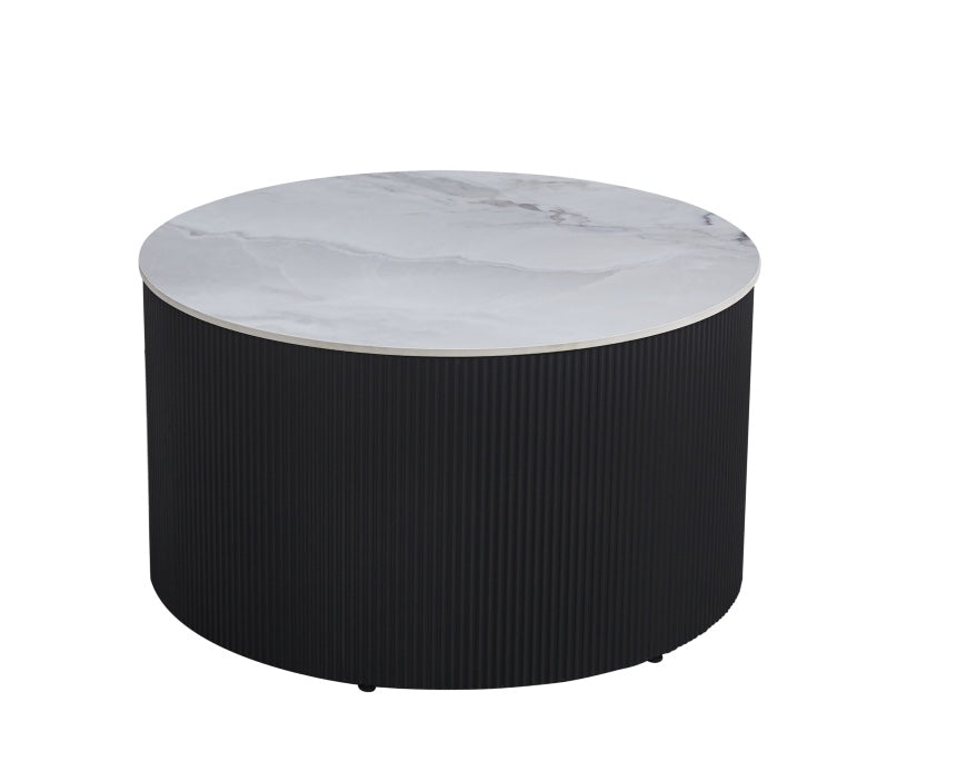 Table Basse VALMY Pieds Métal Noir Plateau Céramique Marbré Gris D90xH45 cm