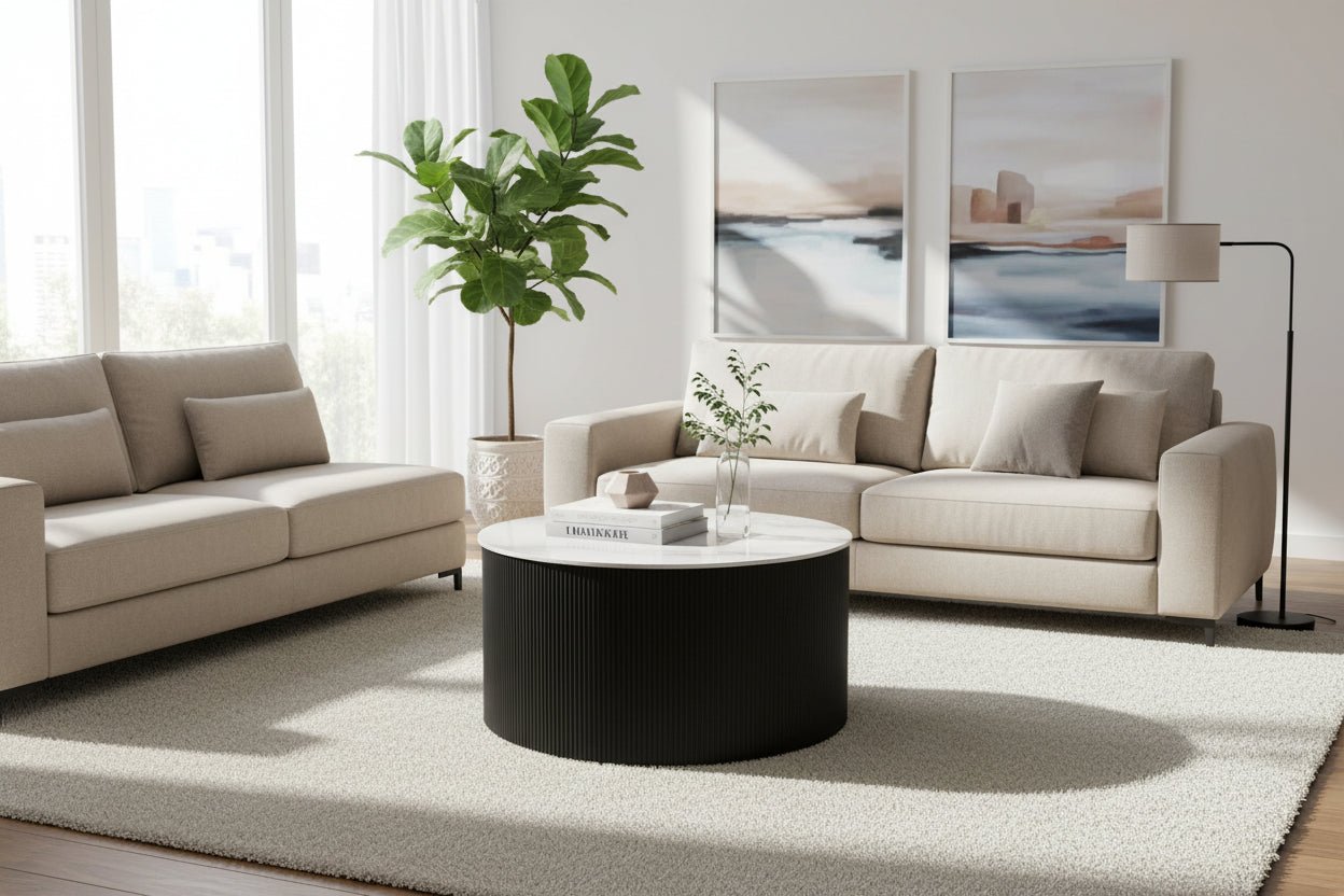 Table Basse VALMY Pieds Métal Noir Plateau Céramique Marbré Gris D90xH45 cm