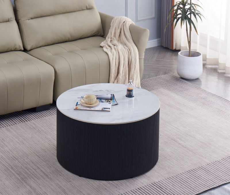 Table Basse VALMY Pieds Métal Noir Plateau Céramique Marbré Blanc D90xH45 cm