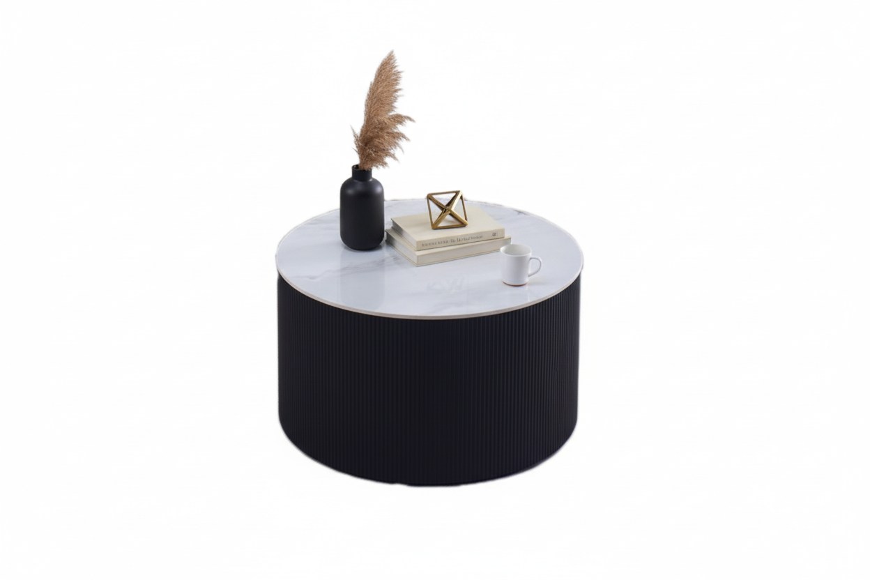 Table Basse VALMY Pieds Métal Noir Plateau Céramique Marbré Blanc D90xH45 cm