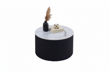 Table Basse VALMY Pieds Métal Noir Plateau Céramique Marbré Blanc D90xH45 cm