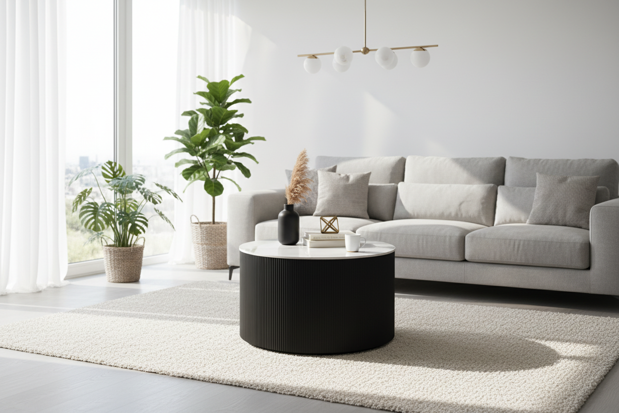 Table Basse VALMY Pieds Métal Noir Plateau Céramique Marbré Blanc D90xH45 cm