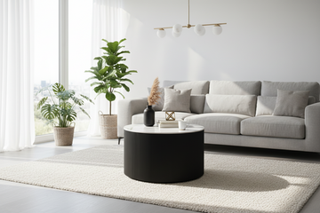 Table Basse VALMY Pieds Métal Noir Plateau Céramique Marbré Blanc D90xH45 cm