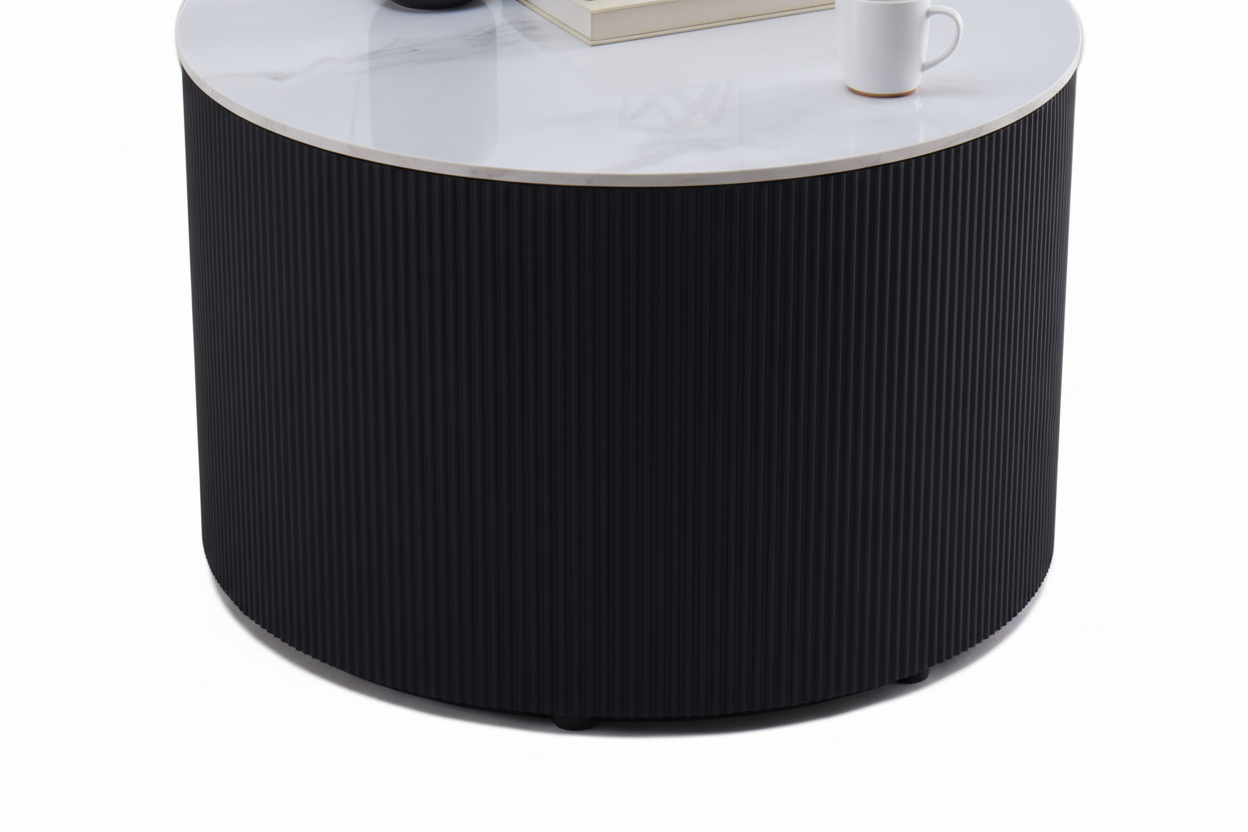 Table Basse VALMY Pieds Métal Noir Plateau Céramique Marbré Blanc D90xH45 cm