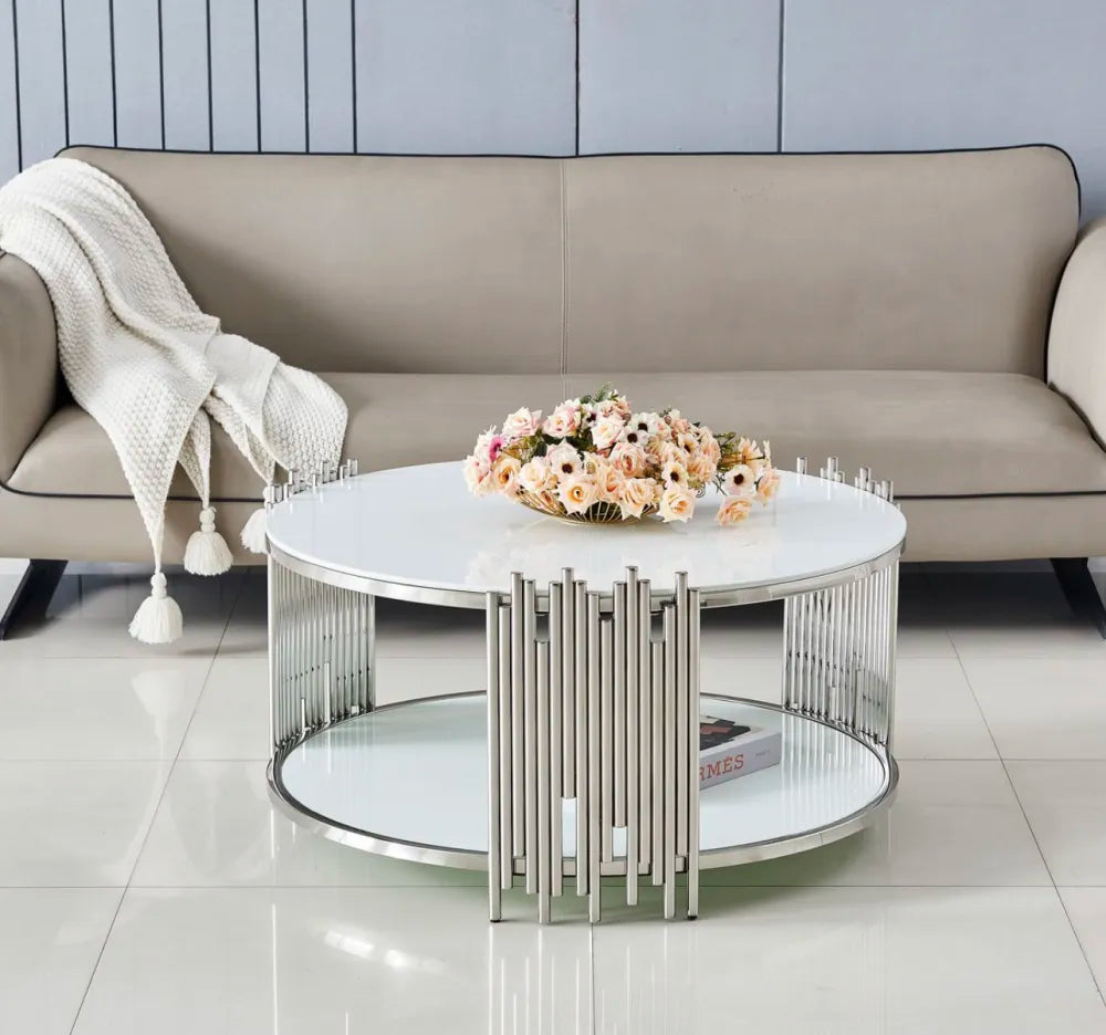 Table Basse ronde STICK Chrome et plateau en verre BLANC D90 H45 cm