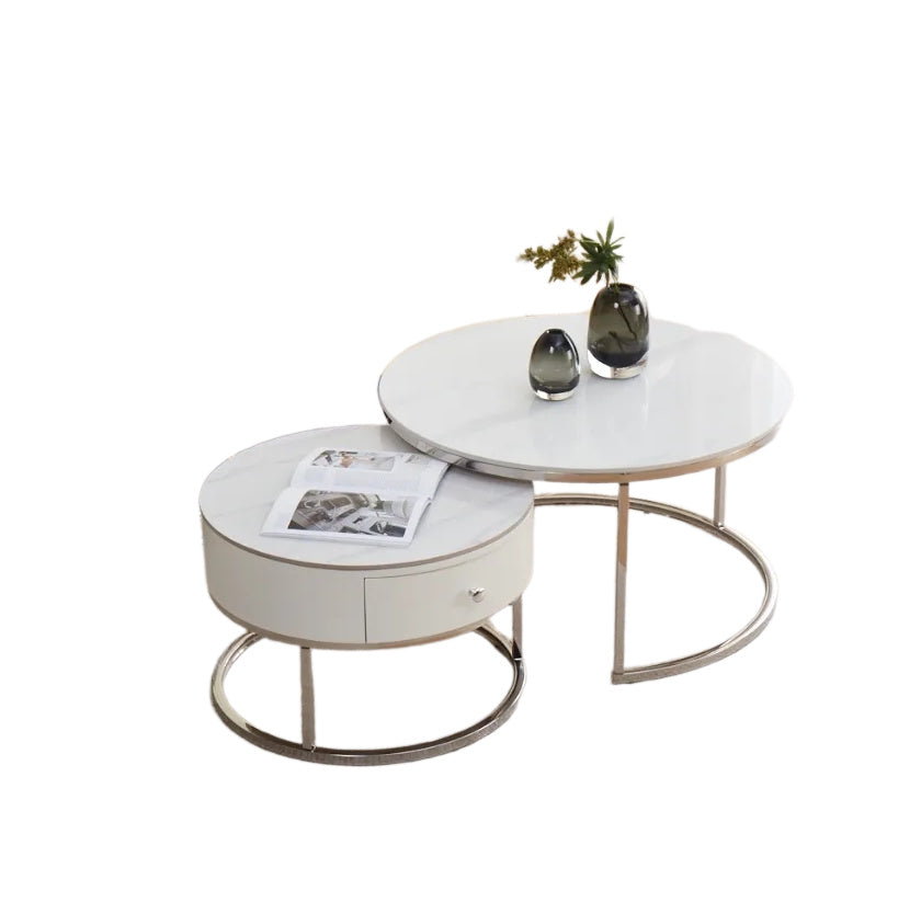 Table basse gigogne avec tiroir NOVELA Plateau céramique Marbre blanc