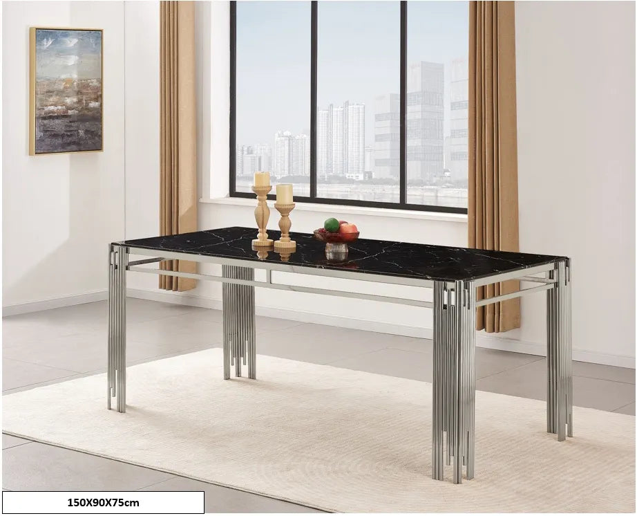 Table à manger FLUTE Chrome Plateau en verre Marbré 150 cm #couleur_marbré-noir