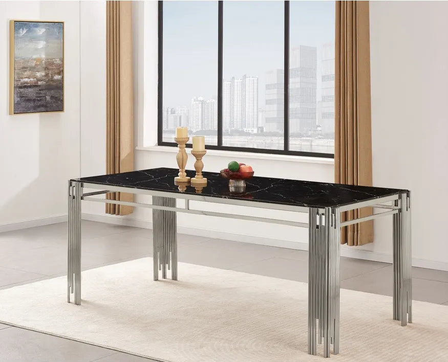 Table à manger FLUTE Chrome Plateau en verre Marbré 150 cm #couleur_marbré-noir