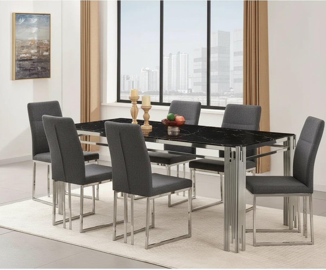 Table repas LEVANTO métal noir plateau en verre trempé - Marbré blanc