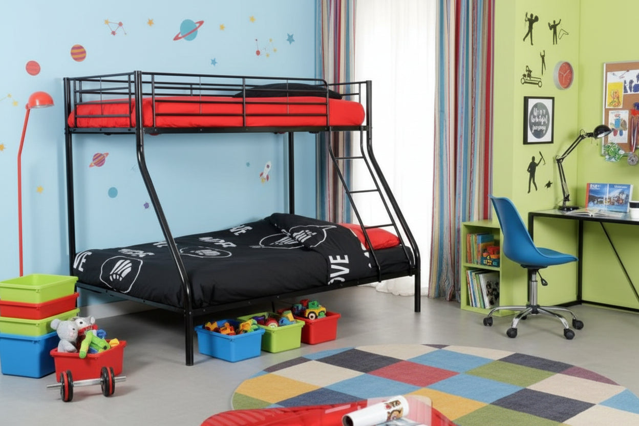 Pack Lit superposé 3 places + Matelas compris 2+1 métal COSTO sommier inclus #Couleur_noir