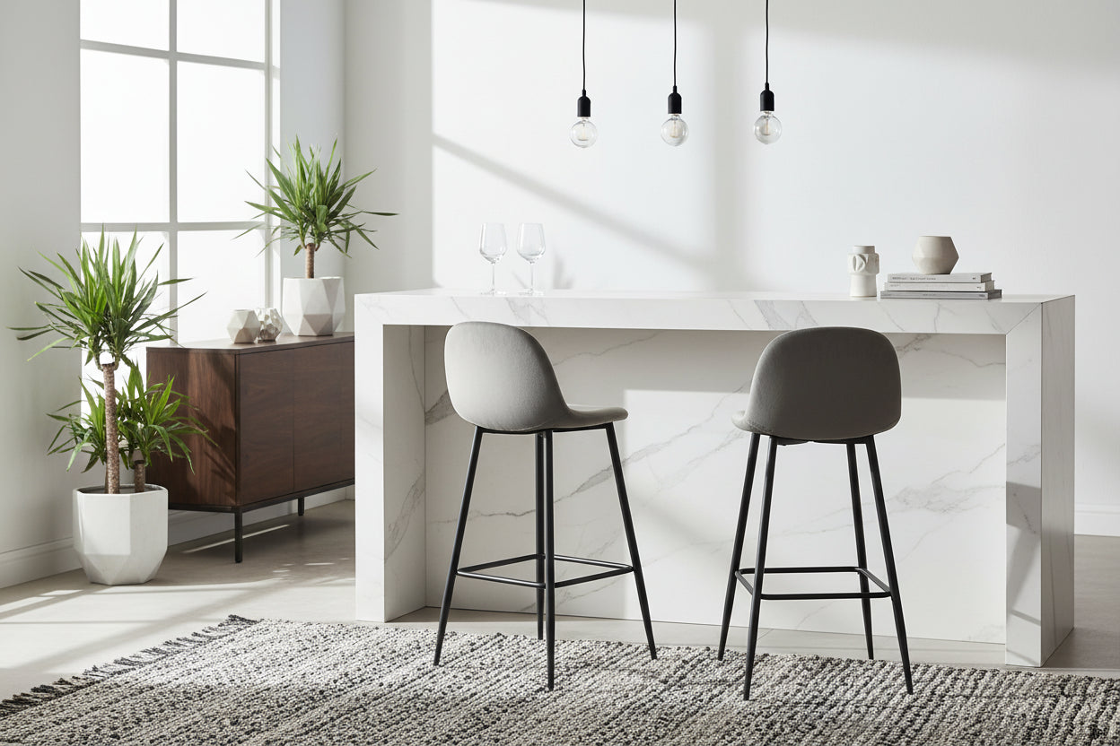 Lot 2 Tabourets de Bar Scandinave Velours Gris Pieds Métal Noir