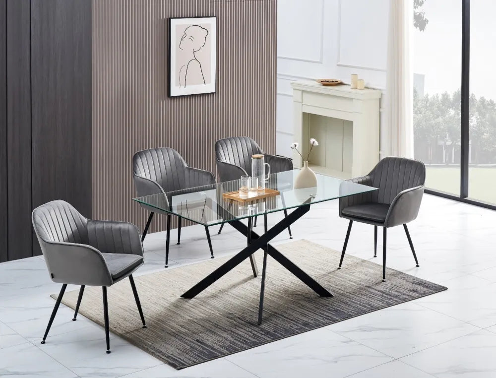 Table Repas JESSICA Métal noir et plateau en verre 150 cm 4 à 6 couverts transparent