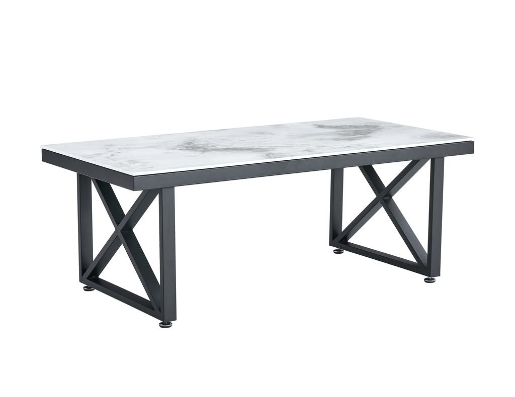 Table Basse LEVANTO Plateau Verre Trempé Marbré Beige Structure Métal Noir 120x60x45cm