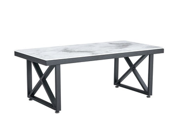 Table Basse LEVANTO Plateau Verre Trempé Marbré Beige Structure Métal Noir 120x60x45cm