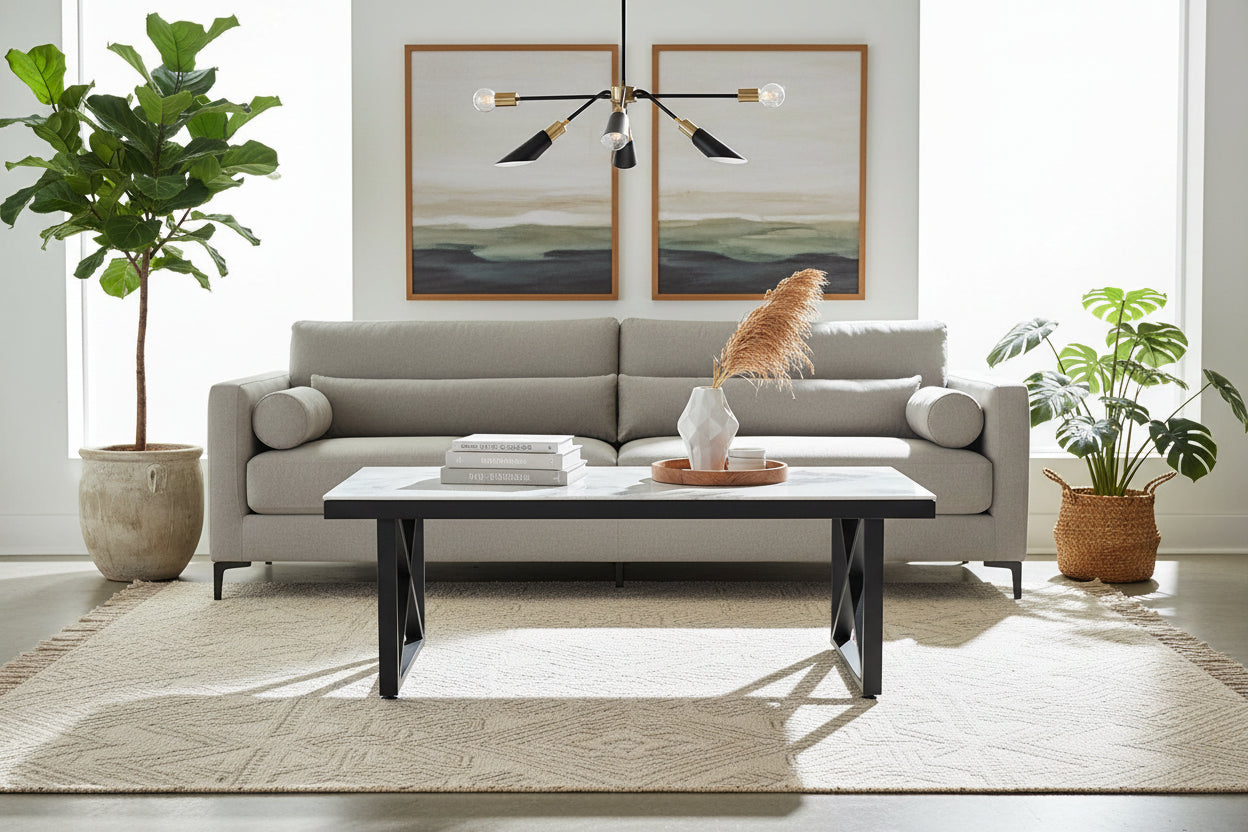 Table Basse LEVANTO Plateau Verre Trempé Marbré Beige Structure Métal Noir 120x60x45cm
