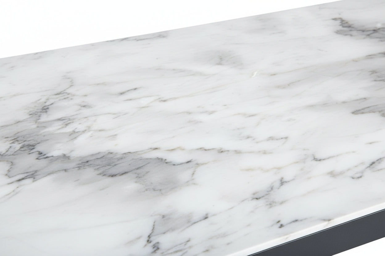 Table Basse LEVANTO Plateau Verre Trempé Marbré Beige Structure Métal Noir 120x60x45cm