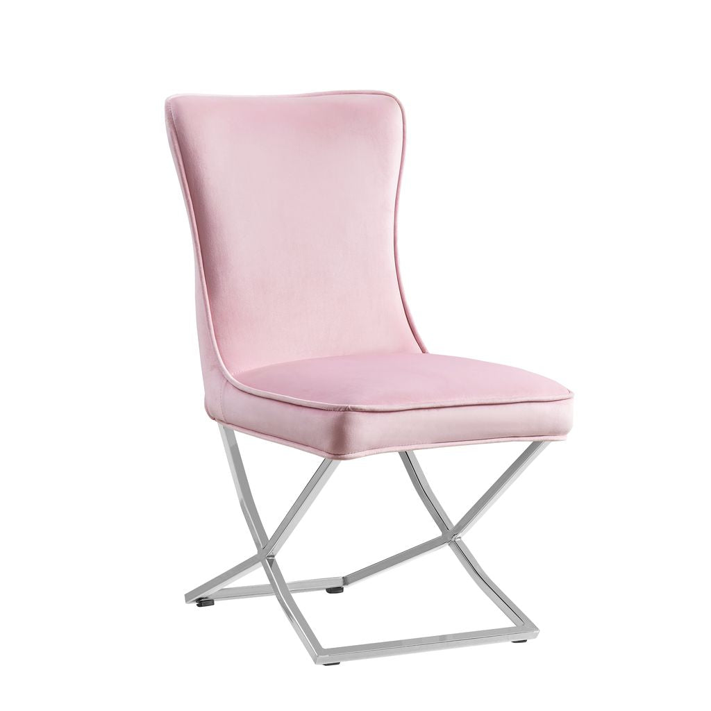 Lot 2 Chaises Salle à Manger Gabrielle Capitonnées Velours Rose Pieds Chrome 59x52x95cm