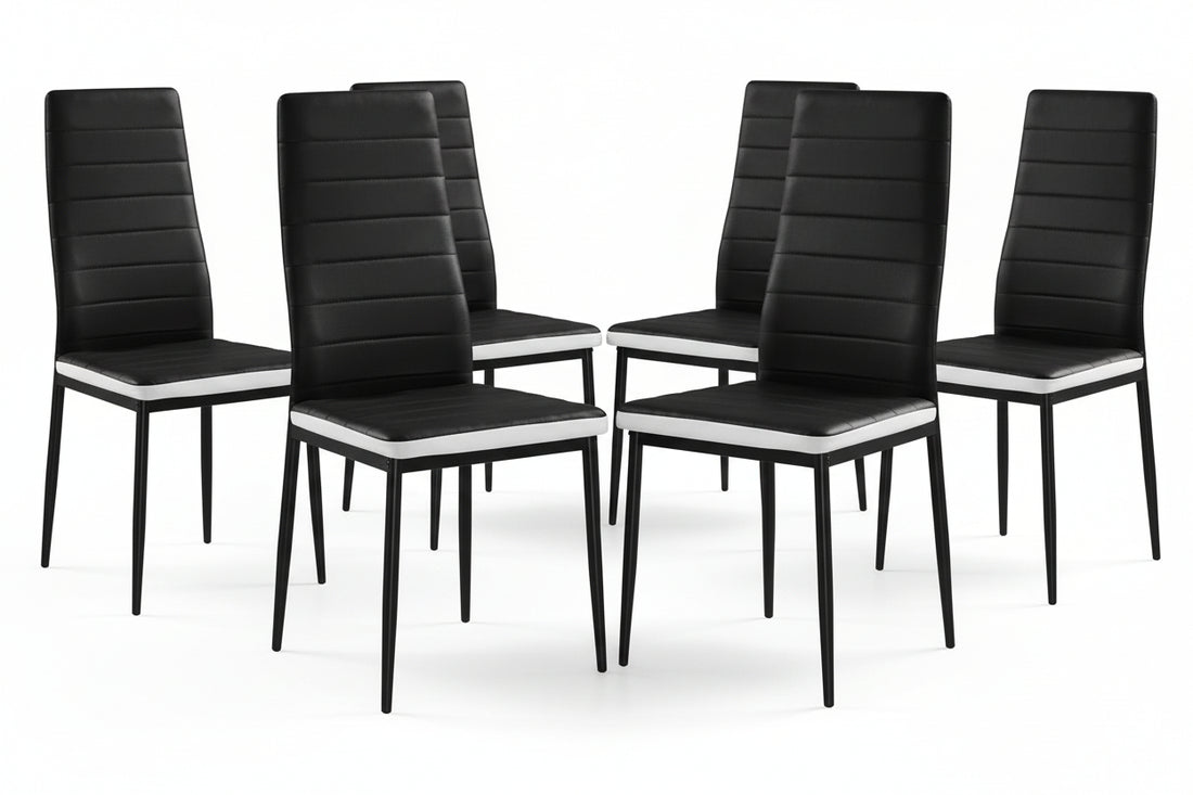Lot 6 chaises simili cuir noir blanc pieds métal 52x45x90 cm TOLIA