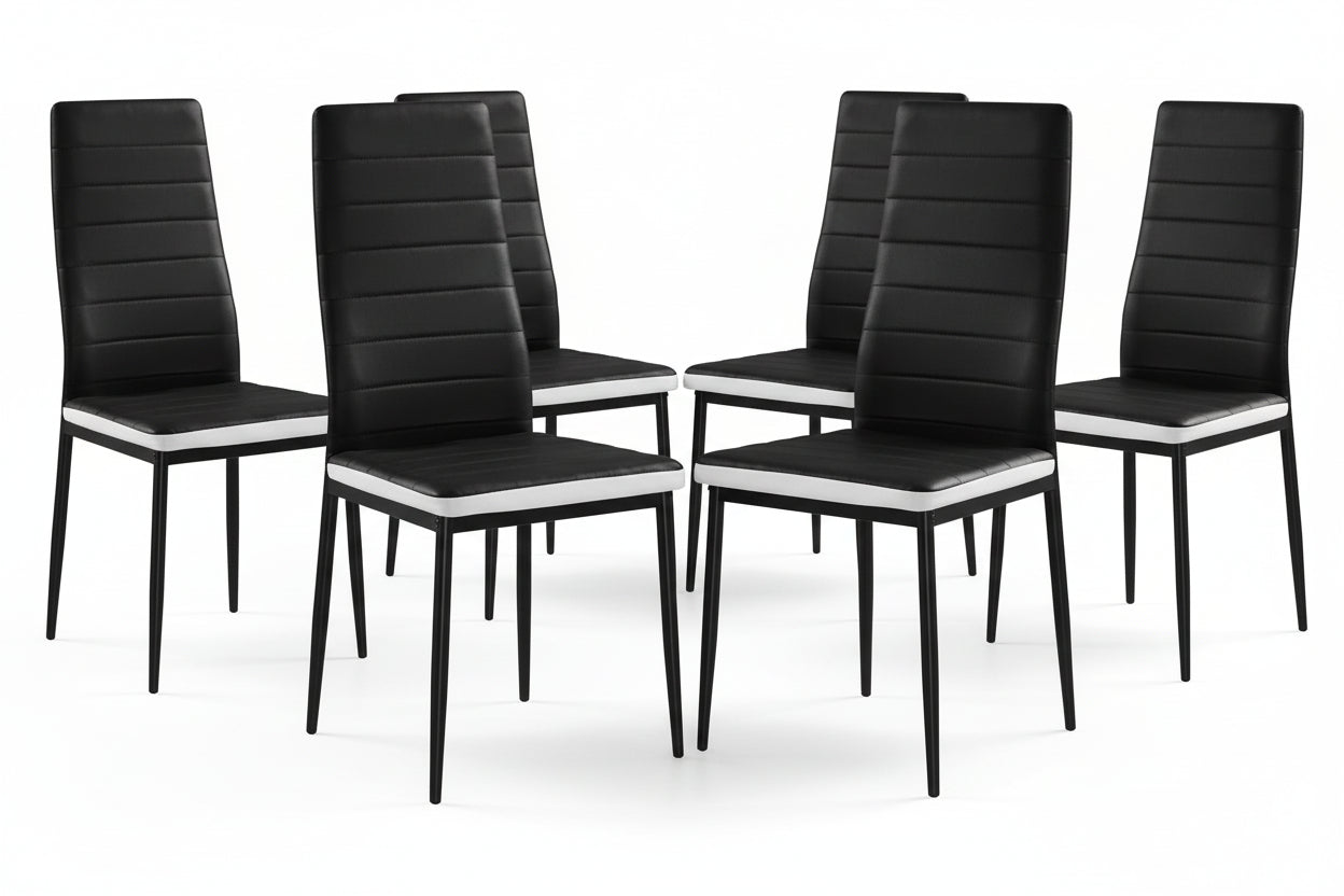 Lot 6 chaises simili cuir noir blanc pieds métal 52x45x90 cm TOLIA