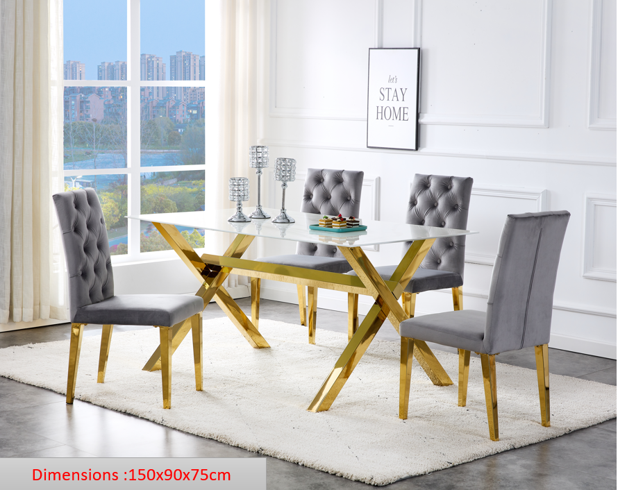 Table repas IXE gold verre trempé 150x90x75 cm #couleur_or_marbre_blanc