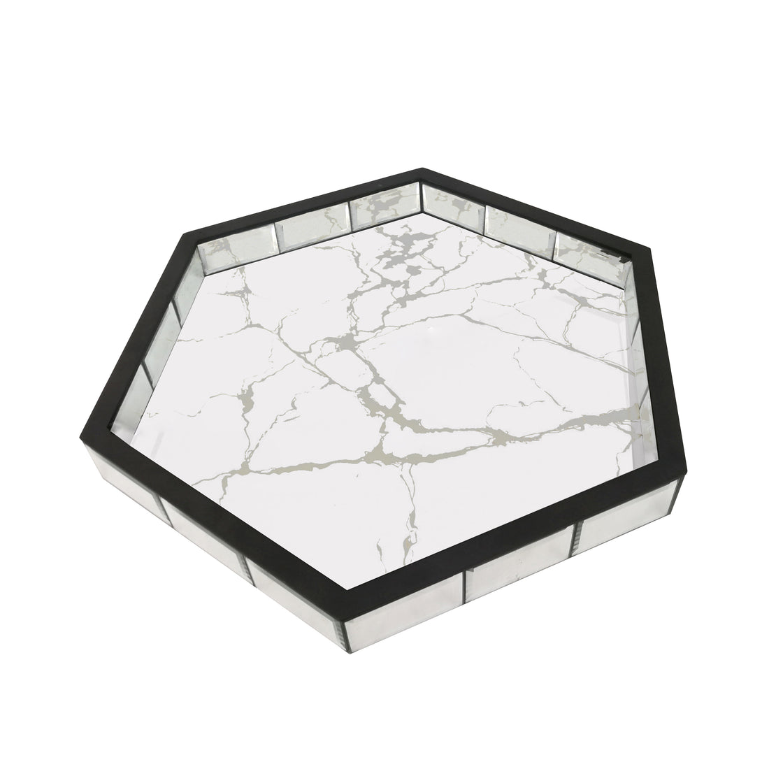 Plateau décoratif hexagonal marbre miroir 46x40,5x4,6 cm #couleur_marbre_miroir