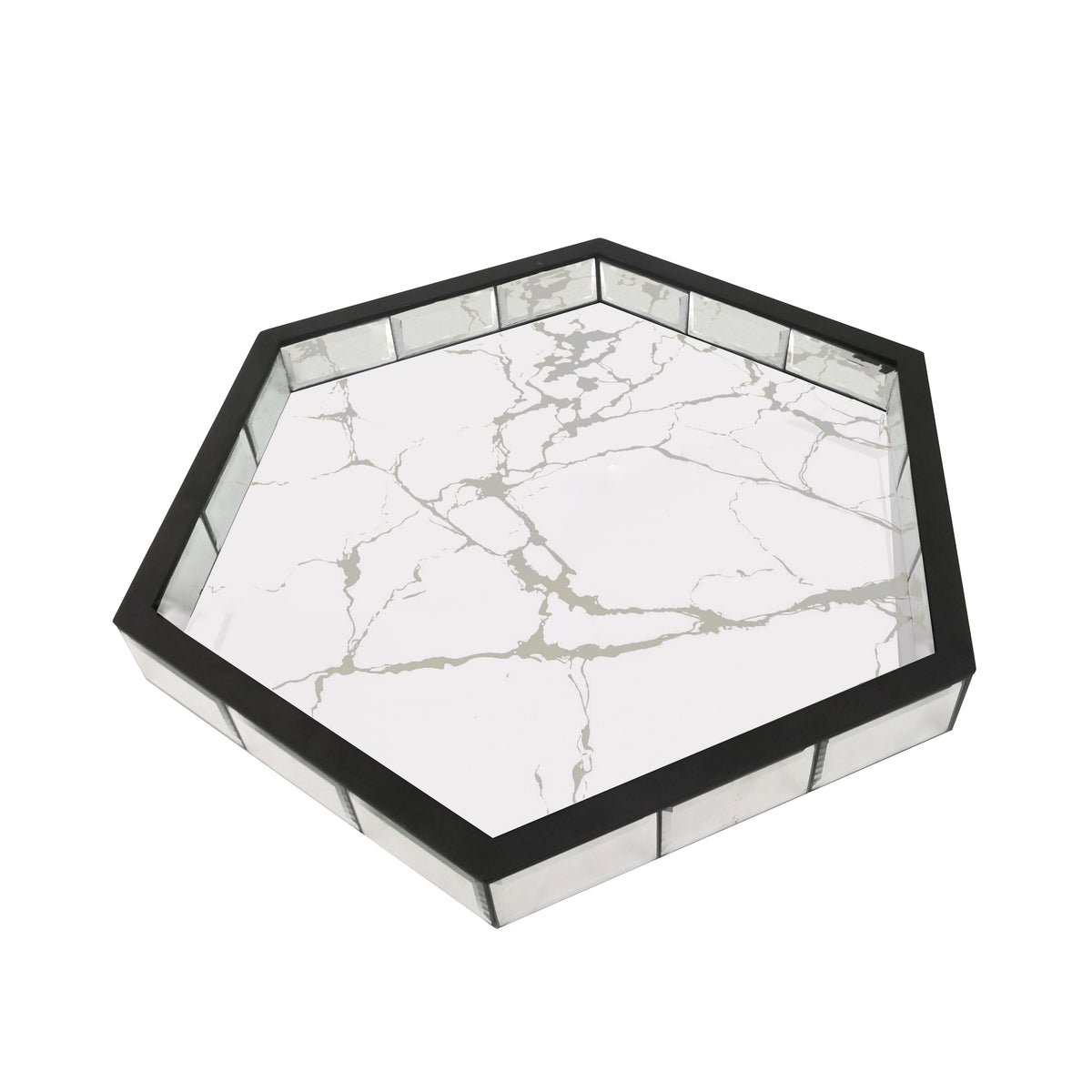 Plateau HEXAGONAL – Marbre & Miroir – 46x40,5x4,6 cm