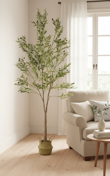 Olivier Plante Artificiel 210 cm Panier Tressé Algues inclus - Arbre Décoratif