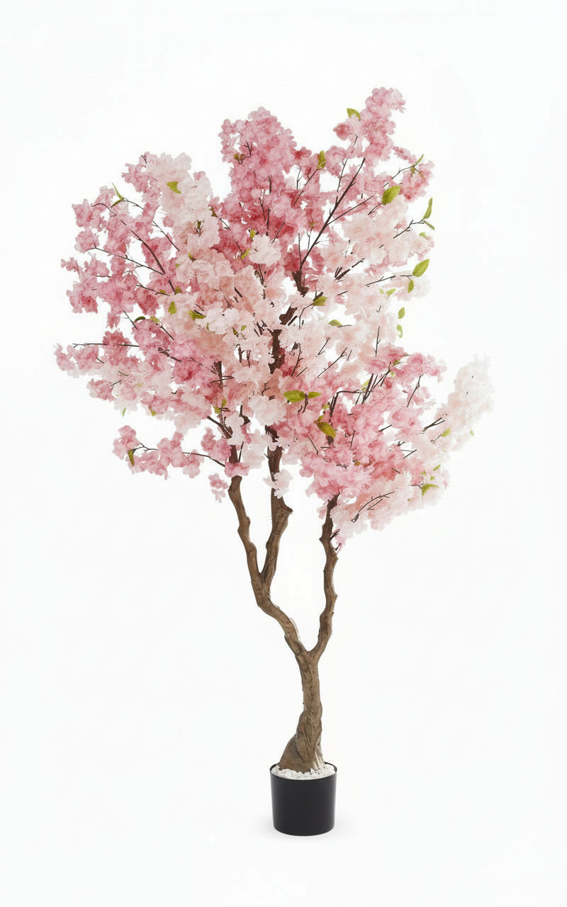 CERISIER ARTIFICIEL FLEUR ROSE POT ET GRAVIERS BLANCS INCLUS 190CM