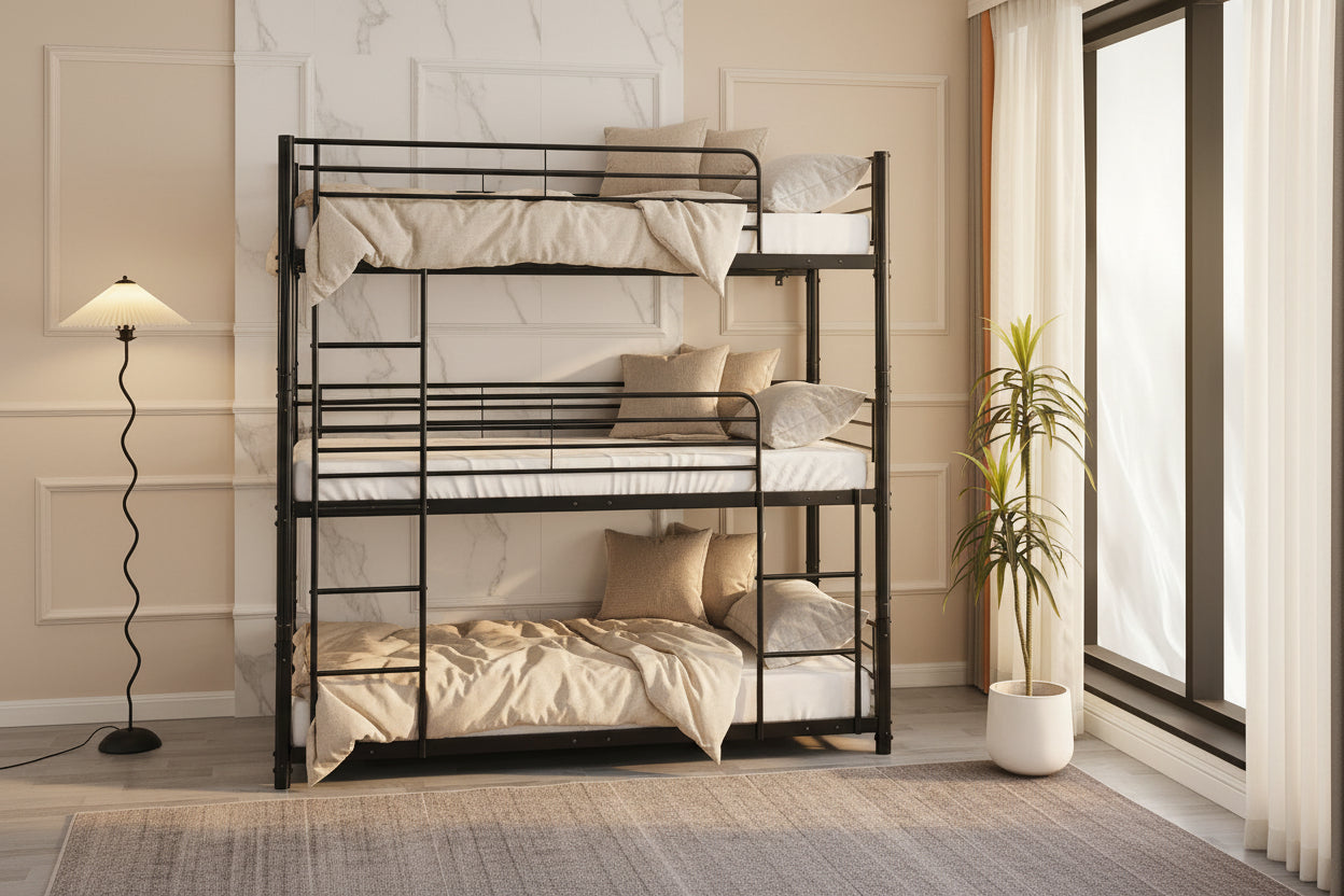 Pack Lit superposé en métal noir 3 couchages 90x190 avec matelas TRIPLE