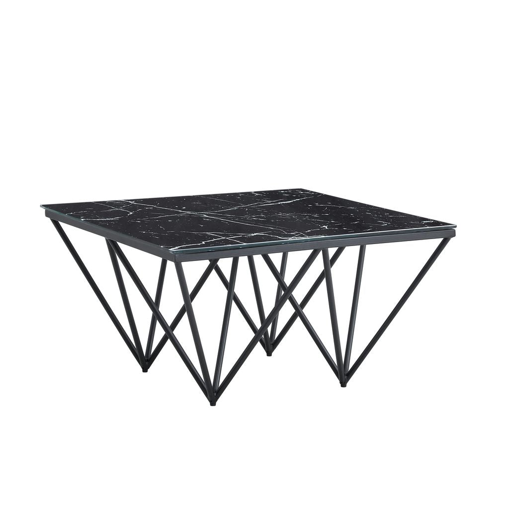 Table Basse carré GIZE pied métal noir et plateau en verre 80x80 cm - Marbré noir