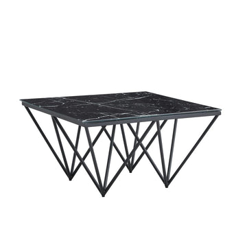 Table Basse carré GIZE pied métal noir et plateau en verre 80x80 cm - Marbré noir