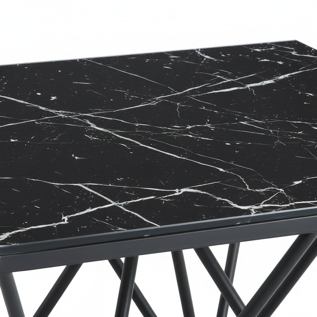 Table Basse carré GIZE pied métal noir et plateau en verre 80x80 cm - Marbré noir